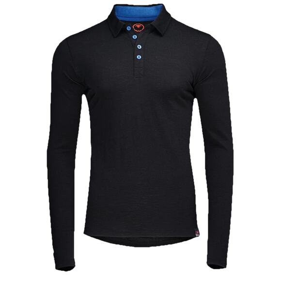 Isobaa Men’s Merino 200 Wool Long Sleeve‎ Polo Large black Blue Buttons Pullover - Picture 1 of 9